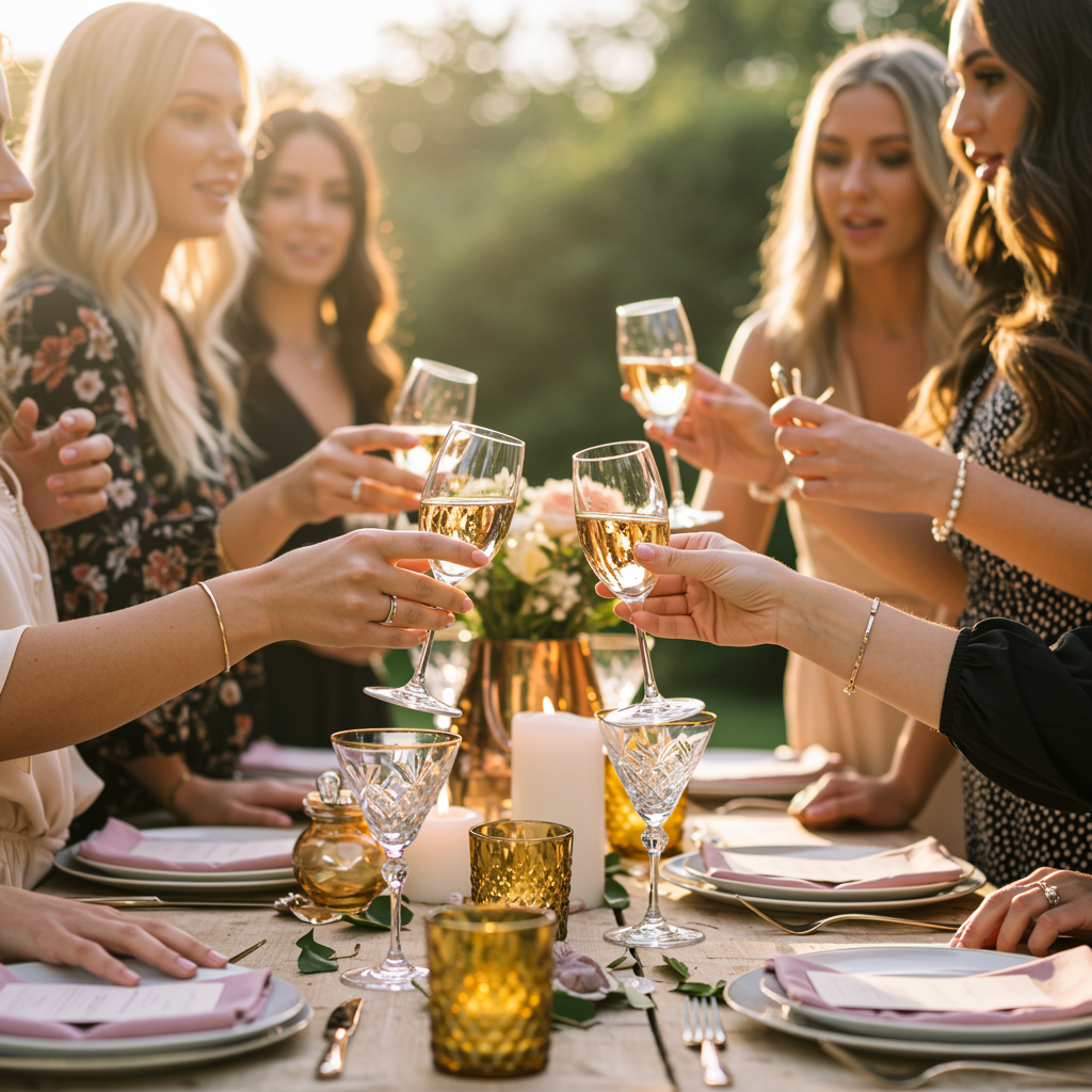 bachelorette party having fun toasting with glasses of champagne at an outdoor dinner party. They are about to have lots of fun with MochiMelt products!