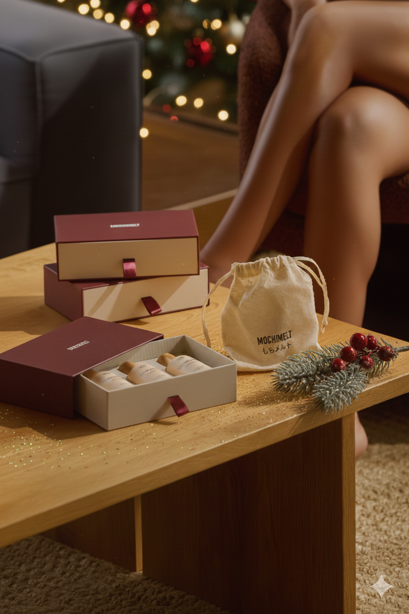 Attractively designed gift boxes of MochiMelt premium lube products, with a nice drawstring bag, in a cozy and warm Holidays setting.
